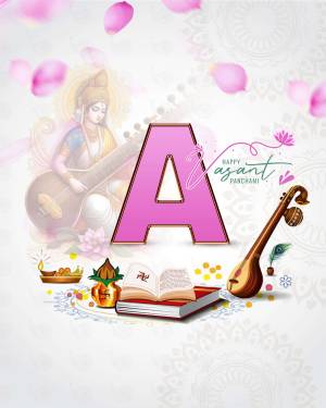 Image depicting the letter 'A' with Goddess Saraswati and traditional elements for Azadi Panchami