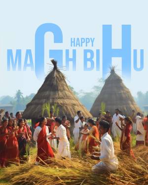 Magh Bihu festival celebration in Assam with traditional huts and people