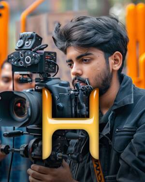 A young man operating a professional camera with a large yellow 'H' graphic overlaid.