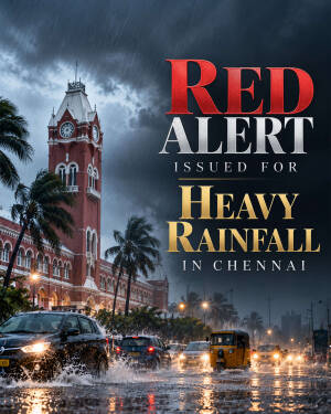 Cars driving through flooded streets in Chennai with the Ripon Building in the background during a heavy rain red alert.