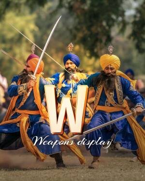Three Sikh men in traditional attire performing Gatka with swords.