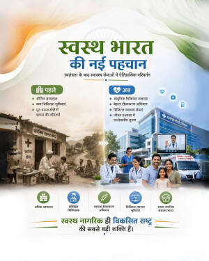 A comparison poster showing the historical transformation of healthcare services in India from rural clinics to modern hospitals.