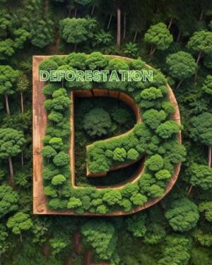 The letter 'D' formed by trees with a section cut out representing deforestation.