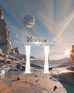 A stylized image featuring the letter 'H' superimposed on a desert landscape with a planet in the sky.