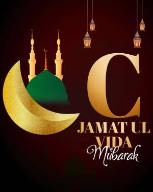 Islamic greeting card with crescent moon, mosque, and text 'Jamat Ul Vida Mubarak'