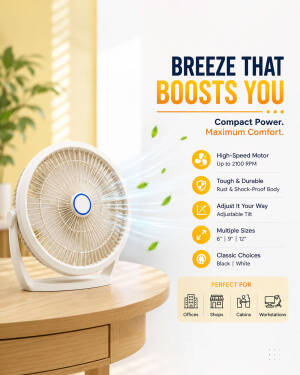 A white portable desk fan sitting on a wooden table, featuring a list of its high-speed motor and durable features next to it.