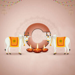 Illustration of cows flanking a large 'O' with lit diyas and festive decorations for Govardhan Puja.