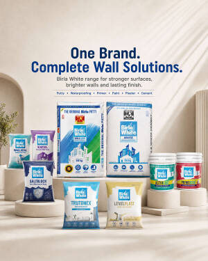 Various bags and buckets of Birla White wall putty, cement, paint, and primer products displayed on pedestals.
