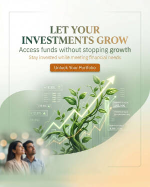 An advertisement for financial services showing a growing plant with an upward trend line, suggesting investment portfolio growth.