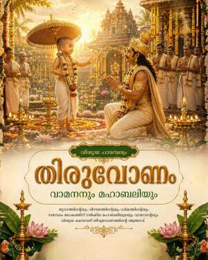 Vamana and King Mahabali meeting during Thiruvonam festival in a traditional temple setting