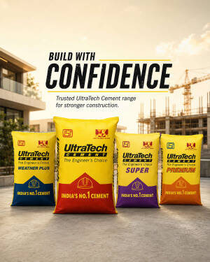 Four different bags of UltraTech cement displayed on a construction site background