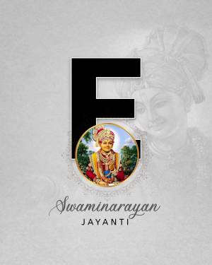 Image depicting Swaminarayan Jayanti with a portrait of Swaminarayan and the letter 'F'