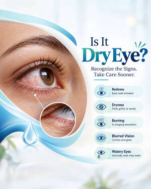 Infographic showing symptoms of dry eye condition including redness, dryness, burning, blurred vision and watery eyes