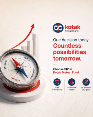 A creative advertisement for Kotak Mutual Fund featuring a compass and rising bar graph, promoting SIP investments for wealth creation.