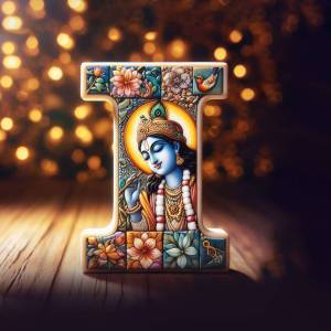 Decorative letter 'I' featuring an image of Lord Krishna with floral patterns.
