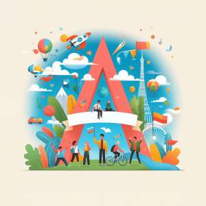Illustration of a large red letter 'A' with people and travel landmarks inside and around it.