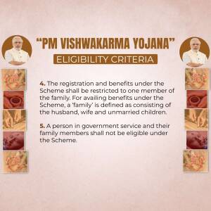 Image detailing the eligibility criteria for the PM Vishwakarma Yojana scheme, featuring Prime Minister Modi and traditional craft images.