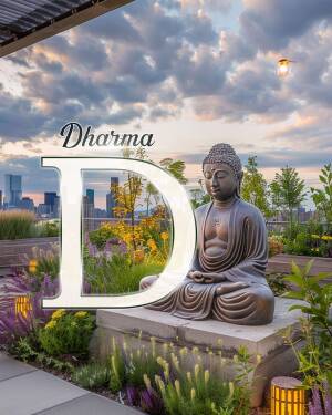 Buddha statue with the word Dharma and a city skyline in the background