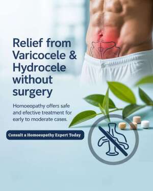 An informational medical advertisement showing a man's torso with anatomical outlines and green leaves, promoting homoeopathic relief for varicocele and hydrocele without surgery.