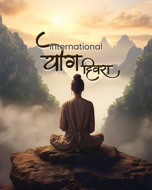 Woman meditating on a cliff overlooking a misty landscape with text 'International Yoga Divas'