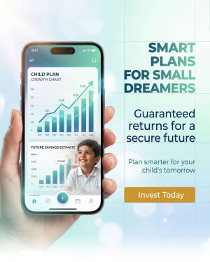 A hand holding a smartphone displaying a child's investment growth chart and savings estimate app interface.