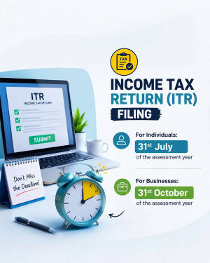 A laptop, clock, and calendar displayed on a desk with text explaining ITR filing deadlines for individuals and businesses.