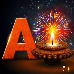 Letter A with Diwali diya and fireworks