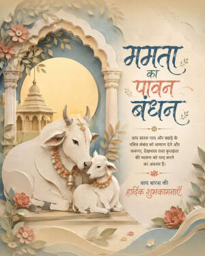A paper-cut style illustration featuring a cow and calf, symbolizing the Vagh Baras festival with traditional Hindi text.