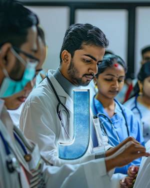 Group of medical students in white coats studying with a large blue letter J in the foreground.