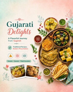 A beautifully designed culinary poster featuring traditional Gujarati snacks, sweets, and thali favorites with modern presentation.
