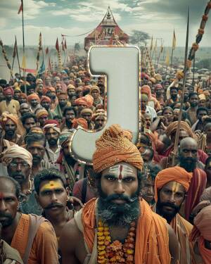 Large white letter J superimposed on a crowd of Sadhus in orange and saffron robes