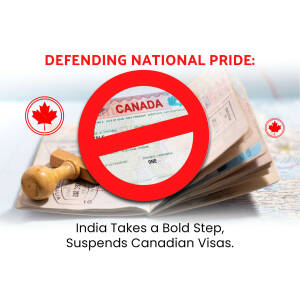 Image depicting a Canadian passport with a red 'no' symbol over it, alongside text about India suspending Canadian visas.