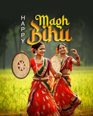 Two women in traditional Assamese attire celebrating Magh Bihu with traditional instruments.
