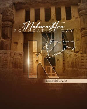 Maharashtra Foundation Day graphic featuring Kanheri Caves