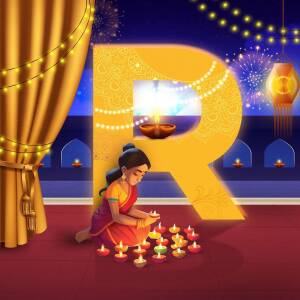 Illustration of a woman lighting diyas in front of a large letter 'R' during Diwali