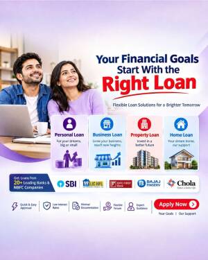 A happy couple planning their financial goals with various loan options like Personal, Business, Property, and Home loans.