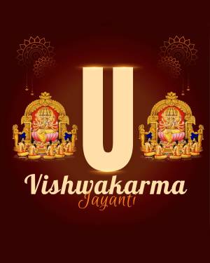 Vishwakarma Jayanti festival greeting with the letter U and depictions of Lord Vishwakarma