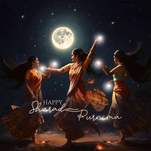 Three women dancing under a full moon during Sharad Purnima