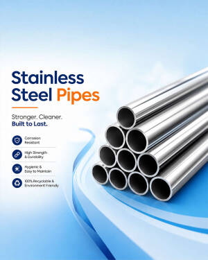 A stack of durable stainless steel pipes against a blue background, showcasing product benefits.