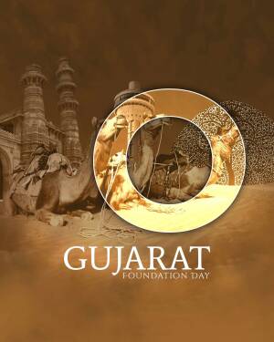 Gujarat Foundation Day poster with camel and architectural elements