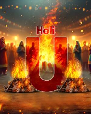 Holi bonfire with the letter 'U' formed by flames and people celebrating in the background.