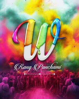 Colorful Rang Panchami design with dripping letters and a crowd in the background
