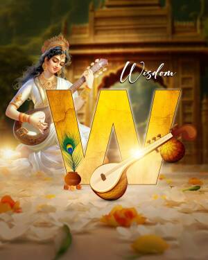 Digital art depicting Goddess Saraswati playing a veena with a large letter 'W' in the foreground.