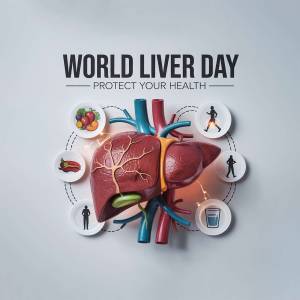 Illustration of a human liver with healthy food and lifestyle elements for World Liver Day.