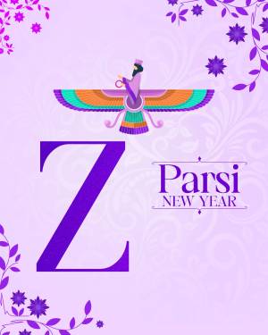 Illustration of a winged figure with the letter 'Z' and 'Parsi New Year' text.
