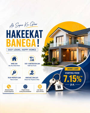 Promotional graphic for home loan services featuring a house illustration, keys, and 7.15% interest rate offer.