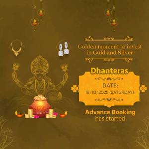 Dhanteras promotional image featuring Goddess Lakshmi, gold, silver, and investment details.