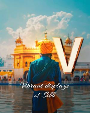 A Sikh man in traditional attire stands with his back to the viewer, facing the Golden Temple in Amritsar, with a large golden letter 'V' superimposed in the foreground.