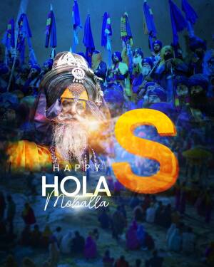 Image depicting a Nihang Sikh warrior with a large 'S' and a crowd celebrating Hola Mohalla.