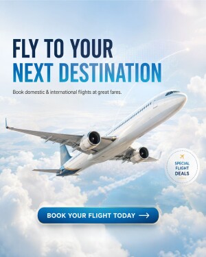 A passenger airplane flying above clouds with a call to action button for flight booking deals.